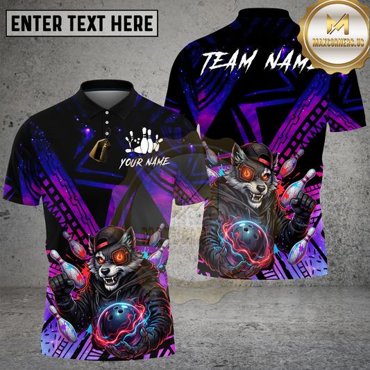 Maxcorners Wolf Bowling Lightning Strike Neon Galaxy Multicolor Options Personalized Name, Team Name 3D Shirt (4 Colors)