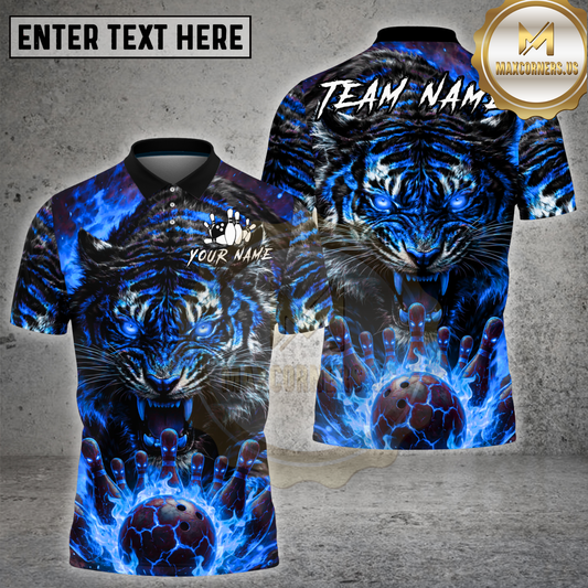 Maxcorners Fierce Tiger Flaming Bowling Ball Power Multicolor Options Personalized Name, Team Name 3D Shirt (4 Colors)