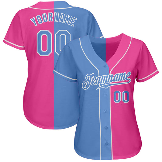 Maxcorners Custom Pink Light Blue-White Authentic Split Fashion Baseball Jersey LM2605