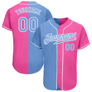 Maxcorners Custom Pink Light Blue-White Authentic Split Fashion Baseball Jersey LM2605