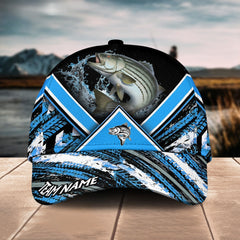 Maxcorners Striped Bass Fishing Blue Tire Triangle Pattern Sport Pattern Personalized Name 3D Cap