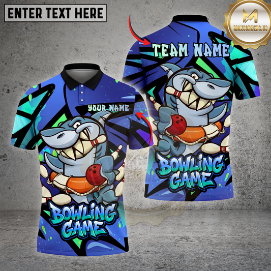Maxcorners Bowling Shirt Cartoon Shark Strike Fun Game Graphic Multicolor Options Personalized Name, Team Name 3D Shirt (4 Colors)