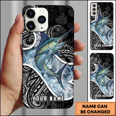 Maxcorners Marlin Fishing Tribal Pattern Black White Water Splash Personalized Name Phone Case
