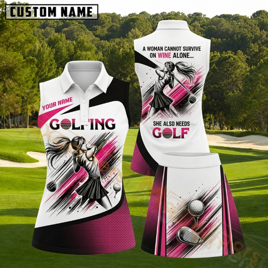 Maxcorners Black White and Hot Pink Female Golfer Personalized Name 3D Golf Shirt and Skirt