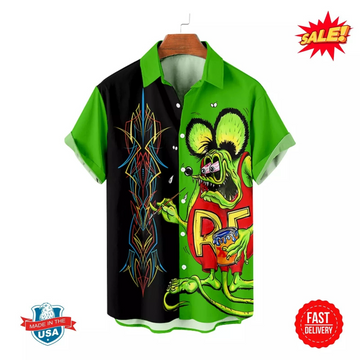 Maxcorners Rat Fink Hawaiian Shirt - Crazy Cartoon Rat, Classic 60s Dragster Racing Theme