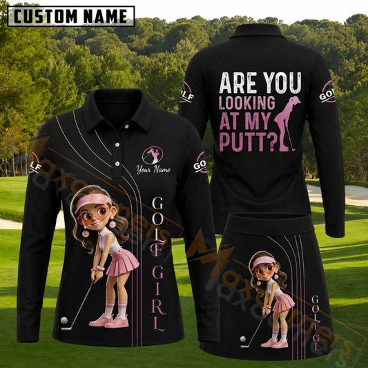 Maxcorners Black Pink Golf Girl Funny Putt Personalized Name 3D Golf Shirt and Golf Skirt
