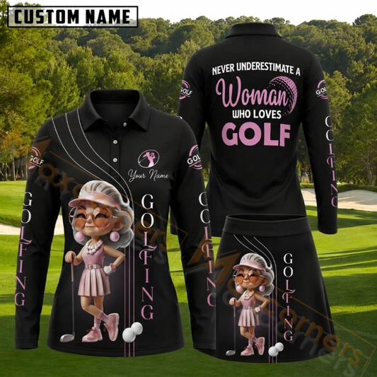 Maxcorners Black Pink Golf Woman Golf Ball Personalized Name 3D Golf Shirt and Golf Skirt
