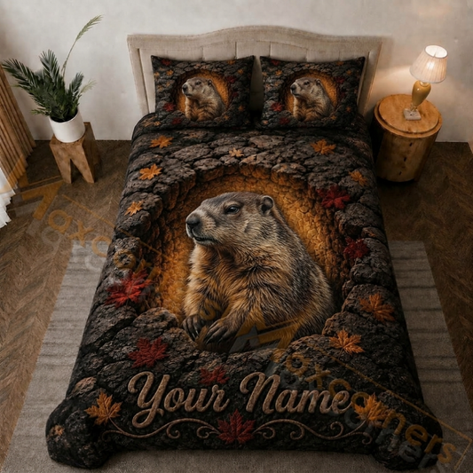Maxcorners Woodchucks Autumn Forest Rocky Cave Dark Brown Bedding Set 3D Print Custom Name