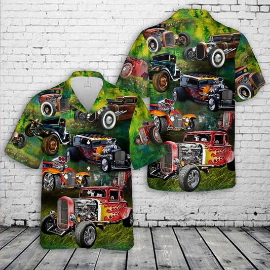 Maxcorners Custom Car Vintage Hot Rod Green Forest Hawaiian Shirt