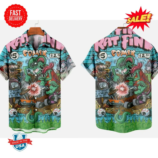 Maxcorners Vintage Rat Fink Hawaiian Shirt - Speed Demon Cartoon, Hot Rod & Flames Vibes