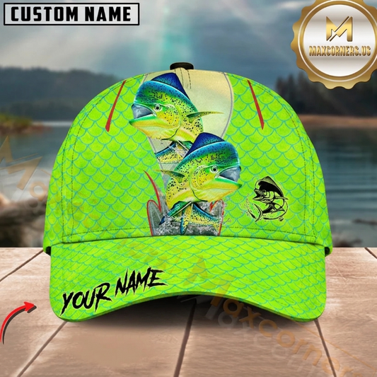 Maxcorners MahiMahi Fishing Neon Green Fish Pattern Customized Name 3D Cap