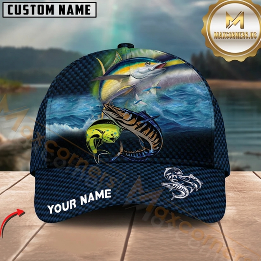 Maxcorners Fishing Deep Blue Ocean Wave Carbon Fiber Customized Name 3D Cap