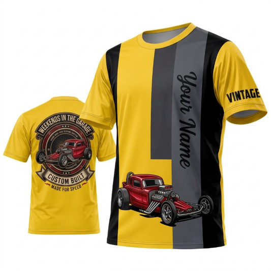 Maxcorners Personalized Car Classic Muscle Car 3D T-Shirt – Vintage Black Yellow Racing Stripes and Red Muscle Car