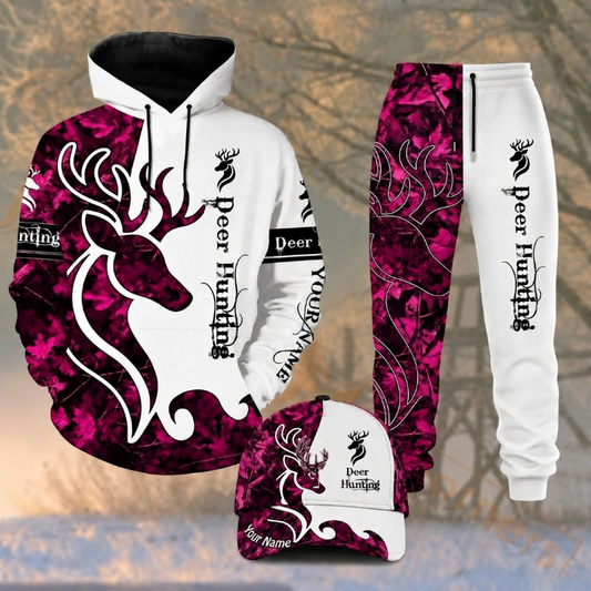 Maxcorners Hunting White Magenta Camo Deer Graphic Pattern Personalized 3D Shirts