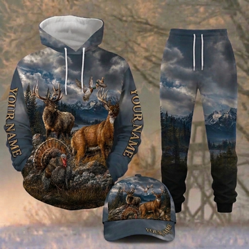 Maxcorners Hunting Dark Mountain Deer Turkey And Duck Personalized 3D Combo Hoodie, Sweatpants Set & Cap