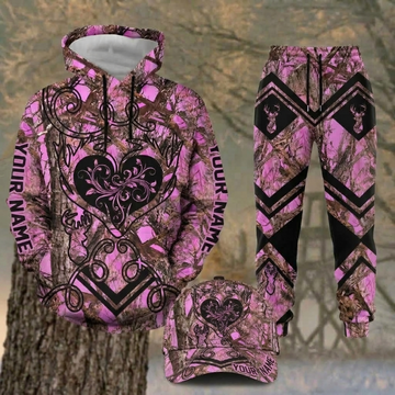 Maxcorners Hunting Pink Woodland Camo Antler Heart Pattern Personalized 3D Combo Hoodie, Sweatpants Set & Cap