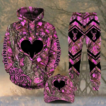 Maxcorners Hunting Pink Camo Antler Heart Pattern Personalized 3D Combo Hoodie, Sweatpants Set & Cap