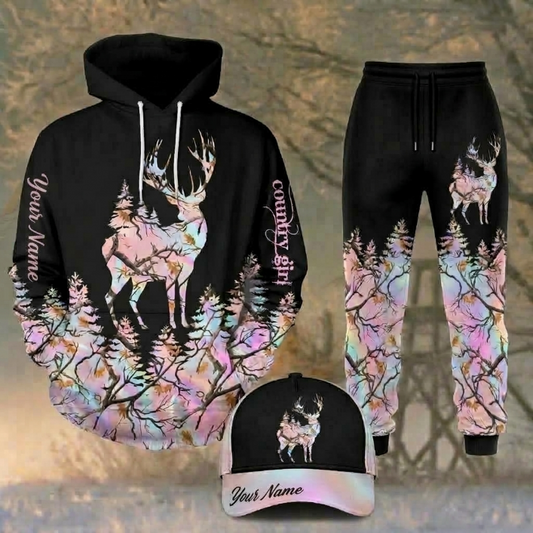 Maxcorners Hunting Black Pastel Camo Deer Forest Pattern Personalized 3D Shirts