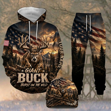 Maxcorners Hunting Giant Buck Burst on the Wild American Flag Sunset Mountain Personalized 3D Combo Hoodie, Sweatpants Set & Cap