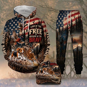 Maxcorners Hunting Land Of The Free Brave Deer Hound American Flag Twilight Forest Personalized 3D Combo Hoodie, Sweatpants Set & Cap