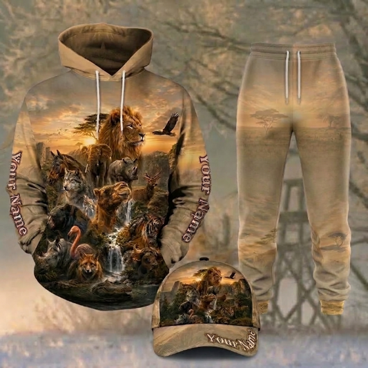 Maxcorners Hunting Lion Safari Wildlife Animals Waterfall Nature Beige Personalized 3D Shirts