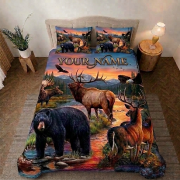 Maxcorners Black Bear, Moose, Deer, Wild Boar And Jumping Fish Forest River Bedding Set 3D Print Custom Name