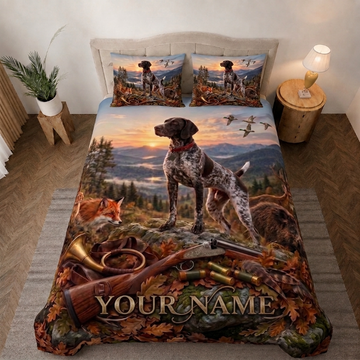 Maxcorners Hunting Dog, Fox, Boar And Hunting Rifle Mountain Sunset Bedding Set 3D Print Custom Name