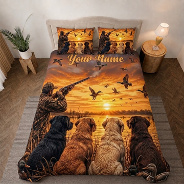 Maxcorners Duck Hunting, Hunter And Three Labradors Sunset Bedding Set 3D Print Custom Name