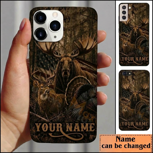 Maxcorners Hunting Deer Moose Turkey Rustic Brown Customized Name Phone Case