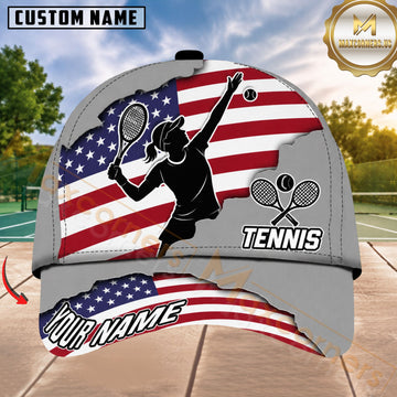Maxcorners Tennis American Flag Player Silhouette Patriotic Grey Torn Metal 3D Design Personalized Name 3D Cap
