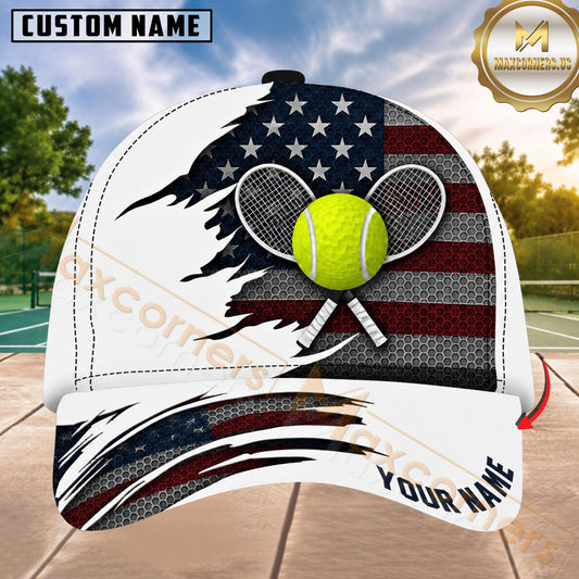 Maxcorners Tennis USA Flag Crossed Rackets & Tennis Ball White Honeycomb 3D Design Personalized Name 3D Cap