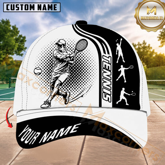Maxcorners Tennis Dynamic Player Black White Halftone Honeycomb Graphic 3D Design Personalized Name 3D Cap