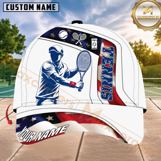 Maxcorners Tennis Male Player Patriotic Tennis Typography Red White Blue Honeycomb 3D Design Personalized Name 3D Cap
