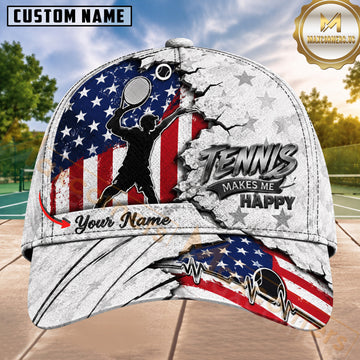 Maxcorners Tennis Player Tennis Makes Me Happy American Flag Red White Blue Ripped Crack 3D Design Personalized Name 3D Cap