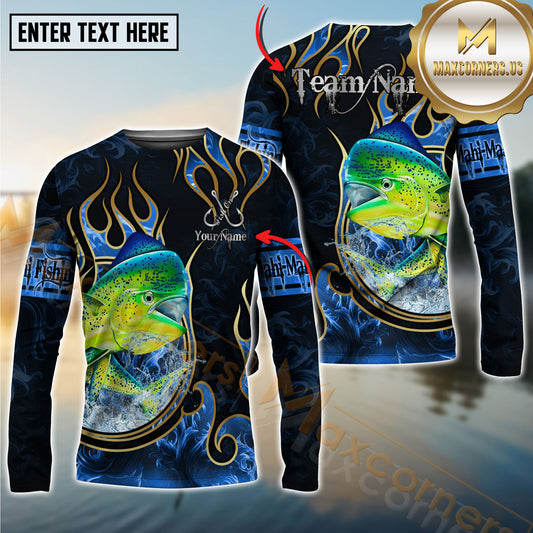 Maxcorners Saltwater Fish Fishing Flame Dark Blue Luxury Pattern Personalized Name, Team Name Long Sleeve Shirt (6 Breeds)