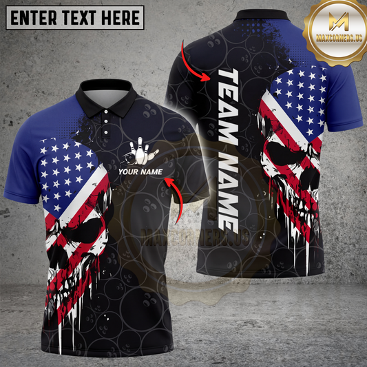 Maxcorners Bowling Shirt Flags Skull Patriotic Style MultiOptions Personalized Name, Team Name 3D Shirt (4 Options)