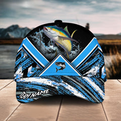 Maxcorners Tuna Fishing Blue Tire Triangle Pattern Sport Pattern Personalized Name 3D Cap