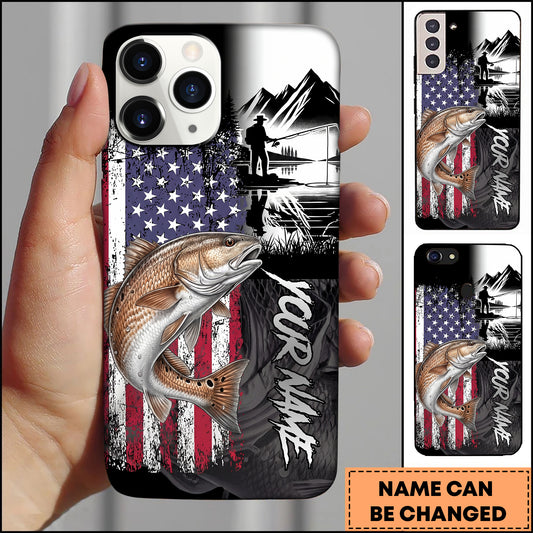Maxcorners Redfish Fishing Patriotic USA Flag Mountain Angler Silhouette Personalized Name Phone Case