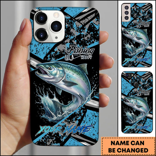 Maxcorners Chinook Fishing Blue Grunge Paint Splash Dynamic Art Personalized Name Phone Case