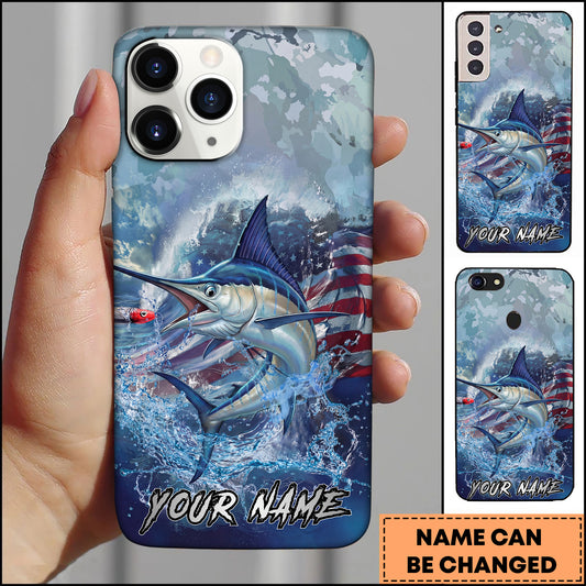 Maxcorners Marlin Fishing Ocean Wave Patriotic Camouflage Personalized Name Phone Case