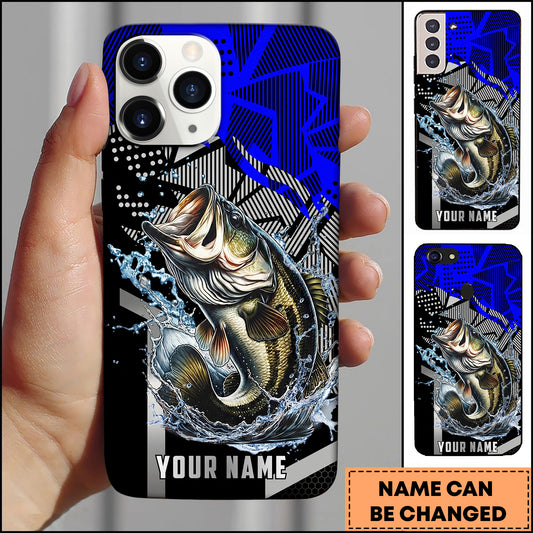 Maxcorners Bass Fishing Dynamic Blue Geometric Splash Art Personalized Name Phone Case