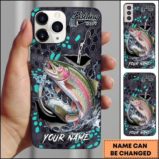 Maxcorners Trout Fishing Hexagon Tech Pattern Hook Icon Water Splash Personalized Name Phone Case