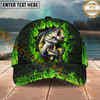 Maxcorners Fishing Green Flame Brick Wall Multi Options Personalized Name 3D Classic Cap (11 Fish Species)