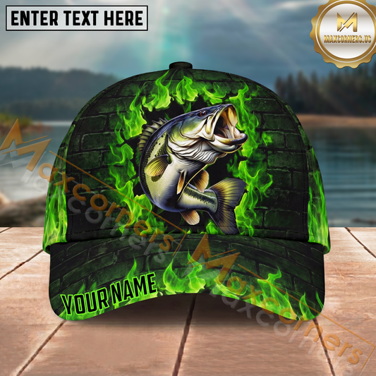 Maxcorners Fishing Green Flame Brick Wall Multi Options Personalized Name 3D Classic Cap (11 Fish Species)