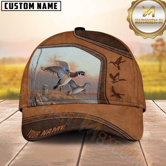 Maxcorners Duck Hunting Mallard Flight Scene Rustic Brown Personalized Name Cap
