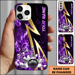 Maxcorners Bowling Phone Case Gold Lightning Bowling Strike Red Fire Background Personalized Name Phone Case | Purple
