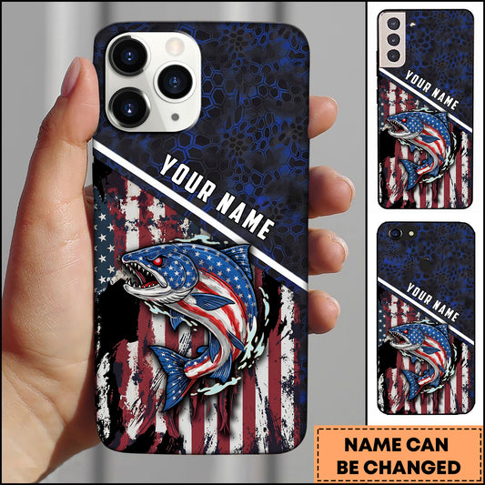 Maxcorners Chinook Fishing Patriotic USA Flag Honeycomb Tech Style Personalized Name Phone Case