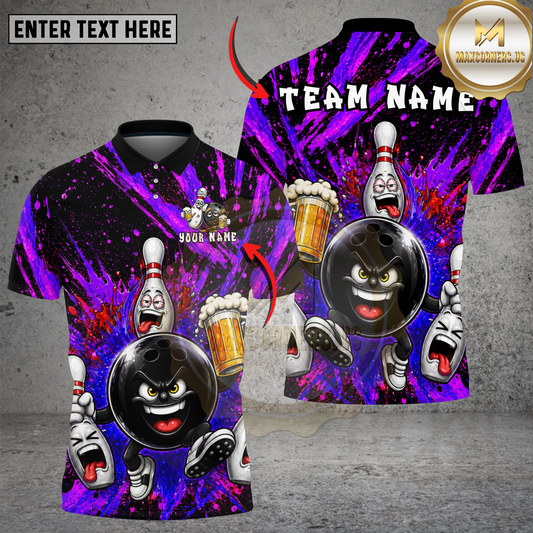 Maxcorners Drunk Bowling Ball Beer Splash Graphic Multicolor Options Personalized Name, Team Name 3D Shirt (4 Colors)