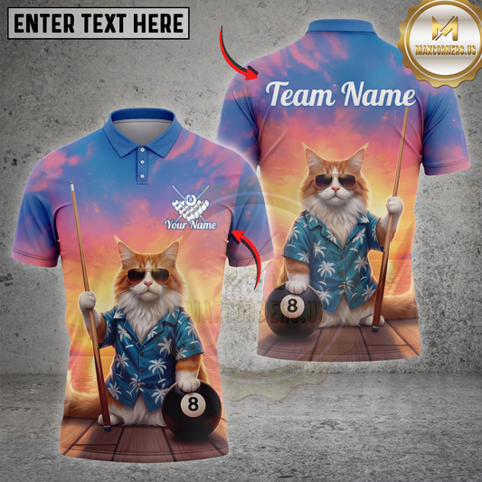 Maxcorners Billiards Shirt Funny Cat Sunglasses Sunset Pool Vibes Graphic Multicolor Options Personalized Name, Team Name 3D Shirt (4 Colors)