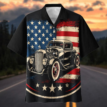 Maxcorners Retro Hot Rod Coupe USA Flag Aloha Shirt